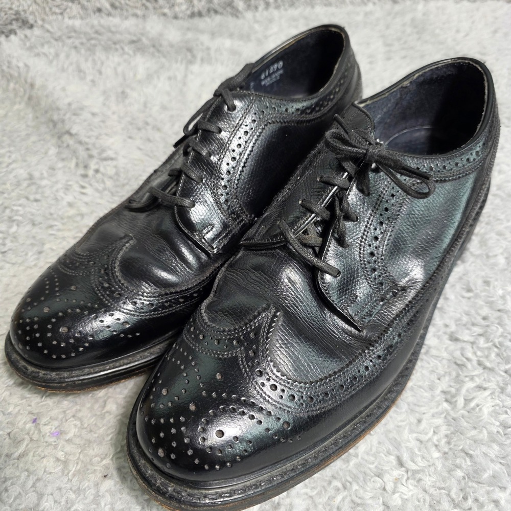 VTG Florsheim Longwing Wingtip 75675 Derby Black Leather Brogue Shoes Mens 8.5 D
